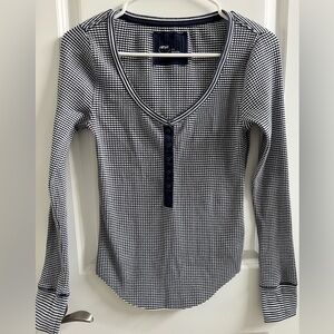 American Eagle Outfitters Navy and White Checkered Henley Top with Silver Thread